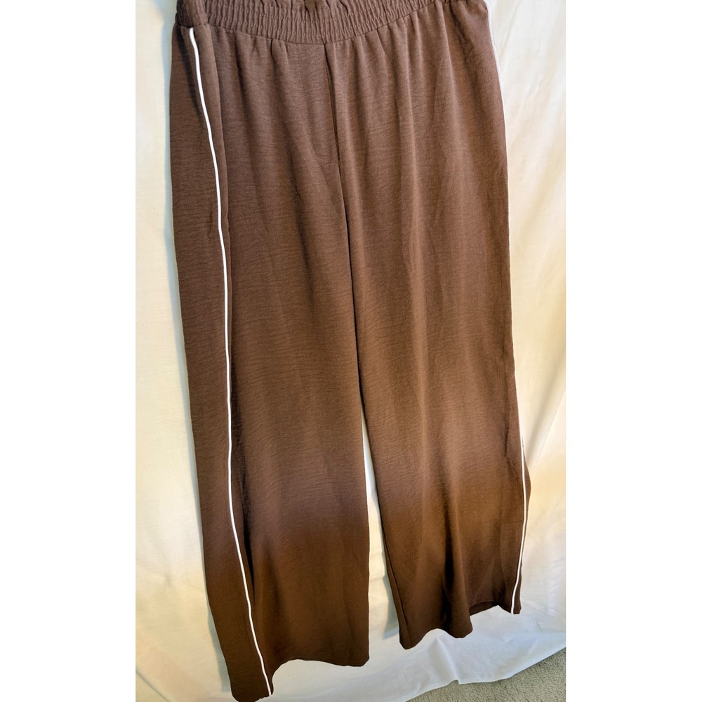 Wide Leg Side Stripe Pants Brown Elastic Waist Trousers Lounge Large New